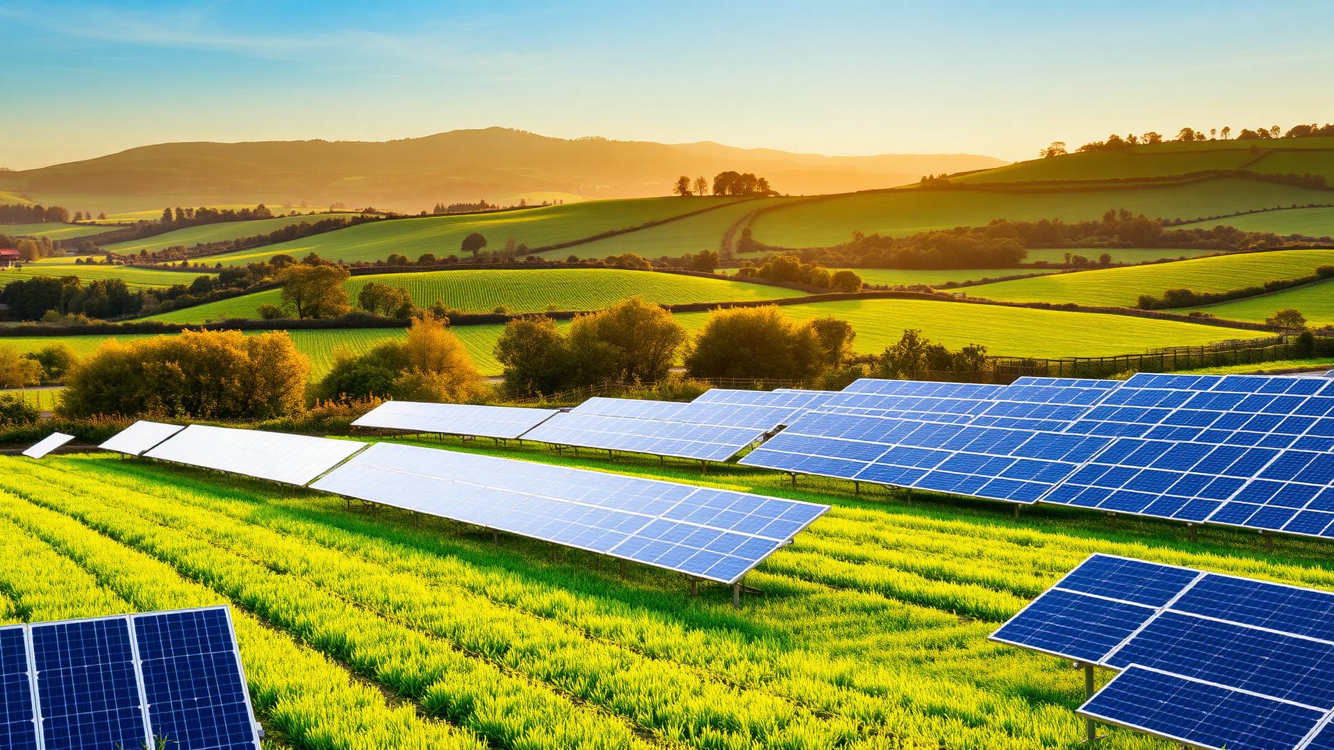 Farm solar panels in countryside